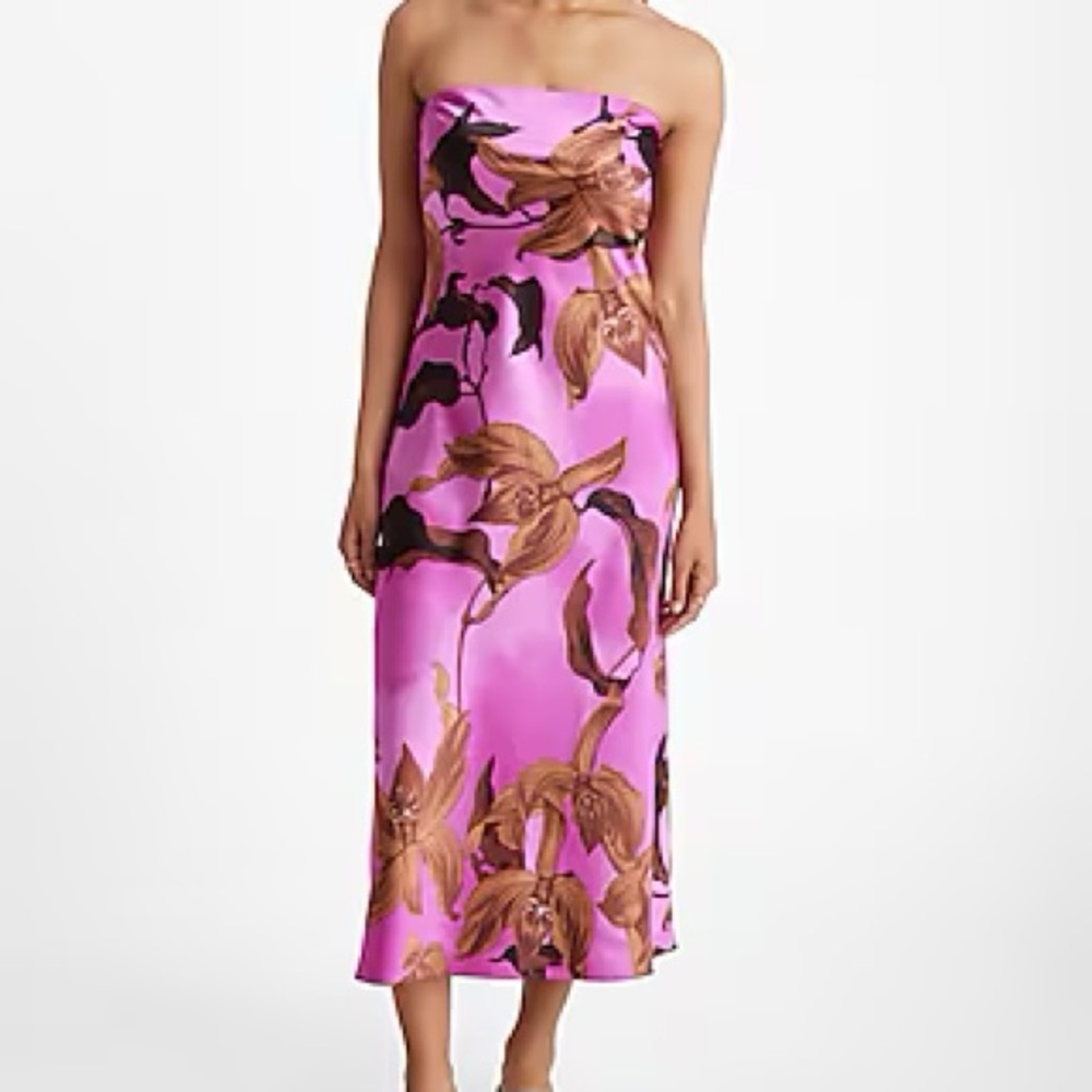 Express Floral Satin Strapless Midi Slip Dress – Purple Print (Size M)